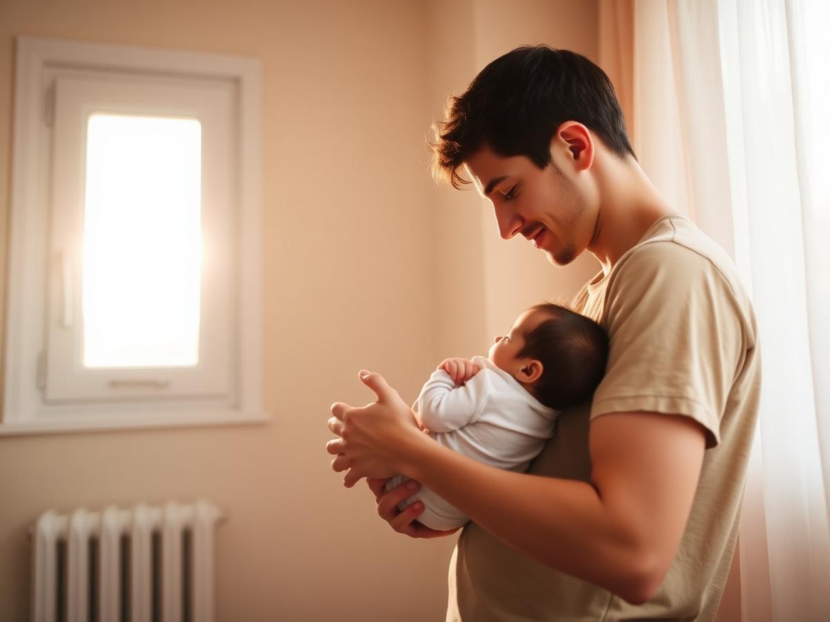 Un parent portant son nouveau-né près d'une fenêtre